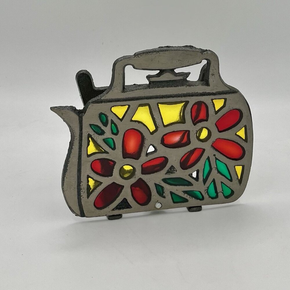 Cast Iron Stained Glass Teapot Tea Light Holder Country Folk Art Cottagecore